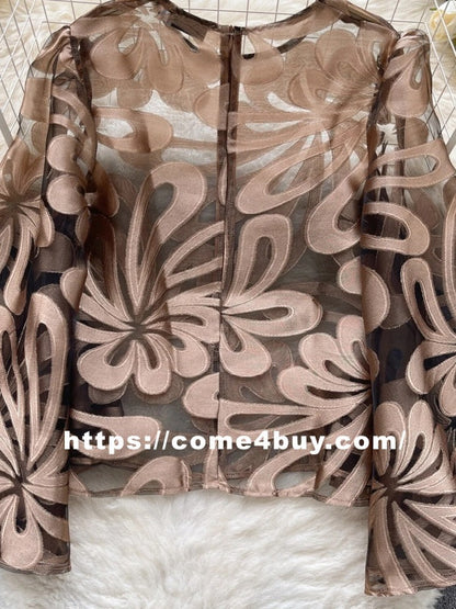 Kvinnors Avslappnad Blus Broderad Gasväv Polyester Bomullslinne-5