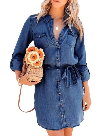 Kvinnors Denim Klänning Långa Ärmar Avslappnad Polyester-5