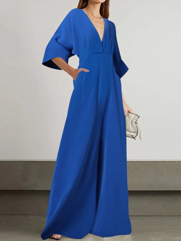 Dam Overall Lång V-ringning Löst Polyester med 3/4 Ärmar-4