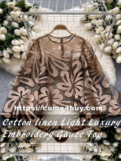 Kvinnors Avslappnad Blus Broderad Gasväv Polyester Bomullslinne-2