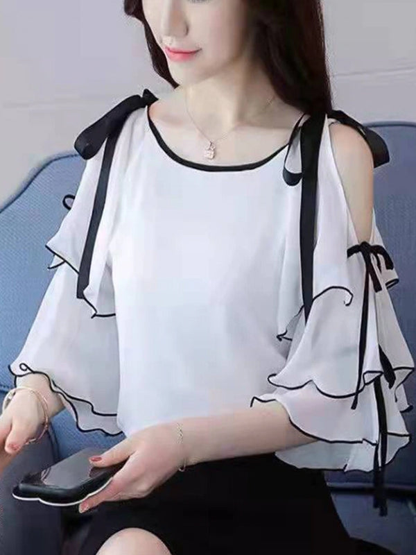 Dam Chiffongblus med Rynkor och Utsvängda Ärmar i Löst Snitt Polyester-5