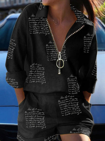 Dam Fritidsset Långärmad Skjorta Shorts Bomull Spandex Polyester-3