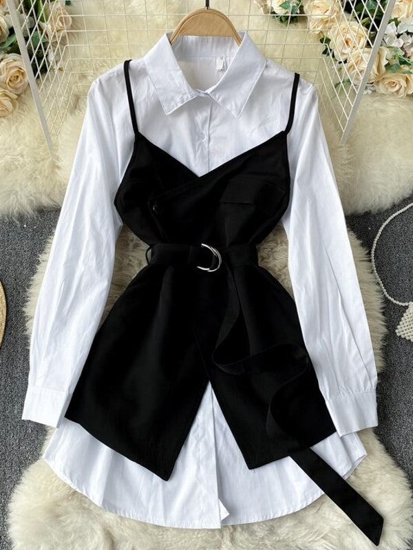 Kvinnors Tvådelad Outfit med Bälte – Vit Blus i Polyester med Klassisk Krage och Långa Ärmar 8