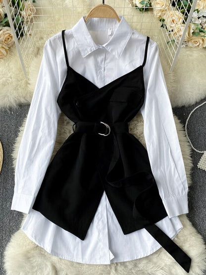 Kvinnors Tvådelad Outfit med Bälte – Vit Blus i Polyester med Klassisk Krage och Långa Ärmar 8