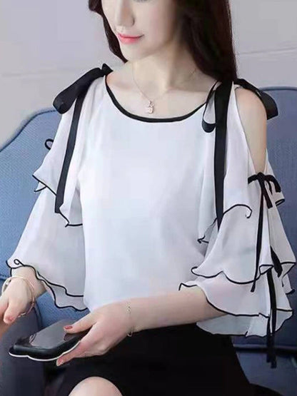 Dam Chiffongblus med Rynkor och Utsvängda Ärmar i Löst Snitt Polyester-2