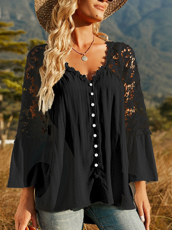Elegant Dam Blus med Vintage Spetsdesign och Flödande Ärmar – Bomull och Polyester, Mångsidig för Vardag och Fest 12