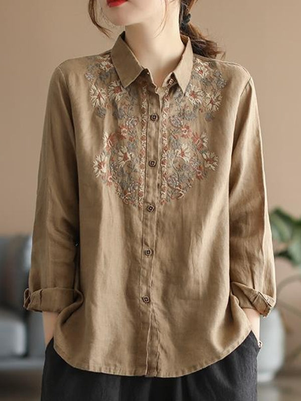 Kvinnors Blommig Skjorta Etnisk Stil Bomullslinn 9