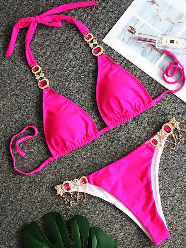 Bikiniset Dam Patchwork Nylon Trendig Låg Midja-4