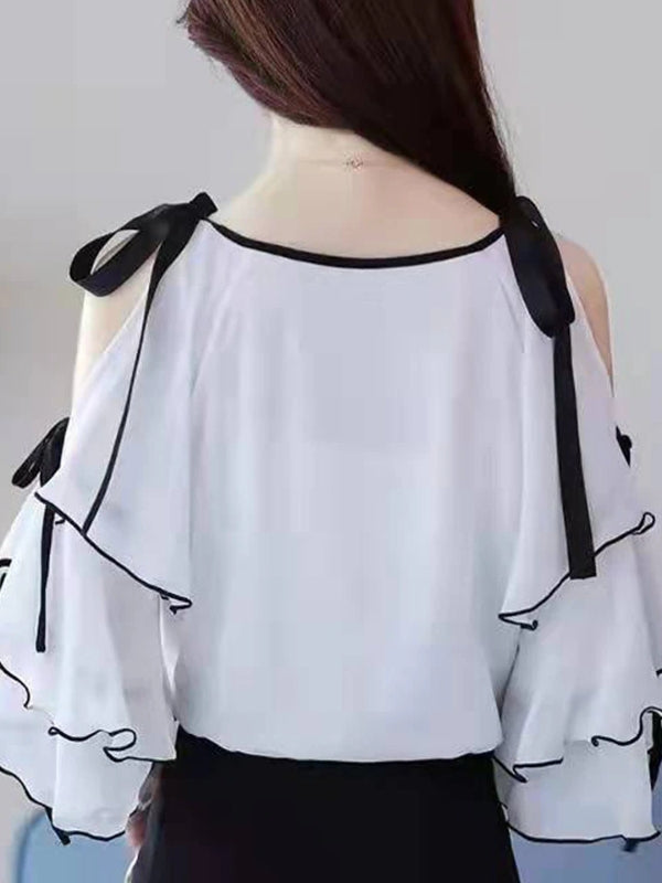 Dam Chiffongblus med Rynkor och Utsvängda Ärmar i Löst Snitt Polyester-3