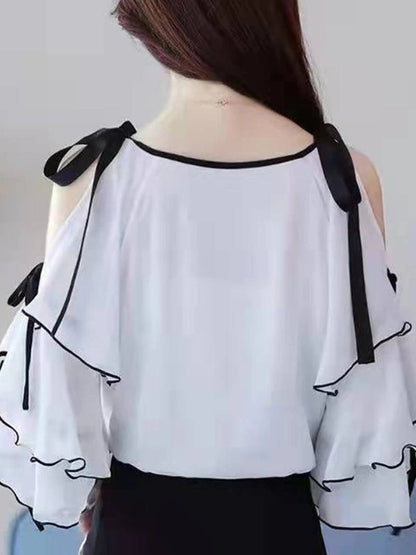 Dam Chiffongblus med Rynkor och Utsvängda Ärmar i Löst Snitt Polyester-3