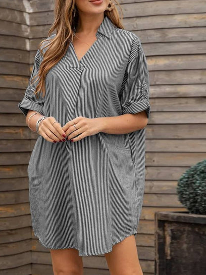 Skjortklänning Dam V-ringning Randig Polyester Knälång 1