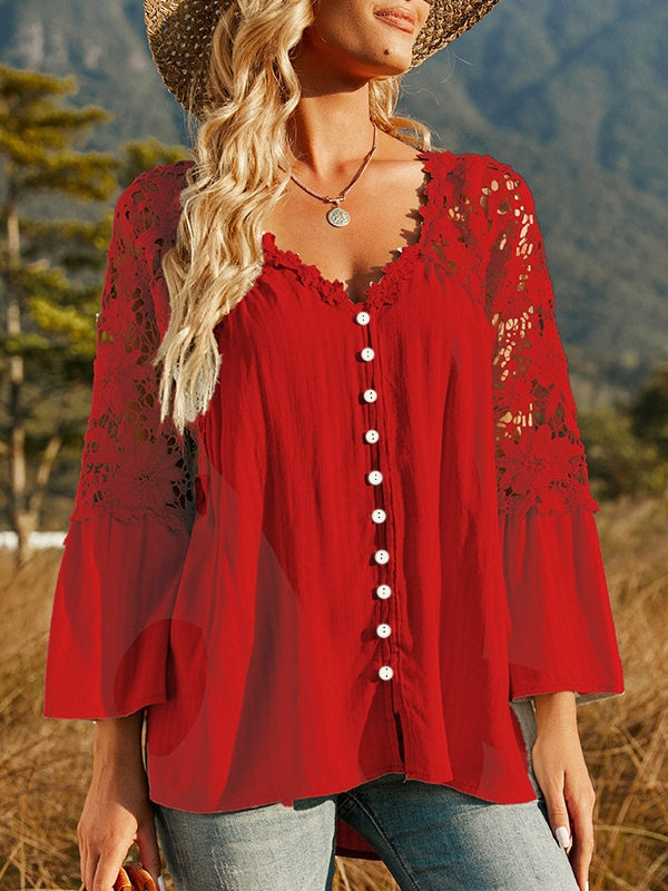 Elegant Dam Blus med Vintage Spetsdesign och Flödande Ärmar – Bomull och Polyester, Mångsidig för Vardag och Fest 13
