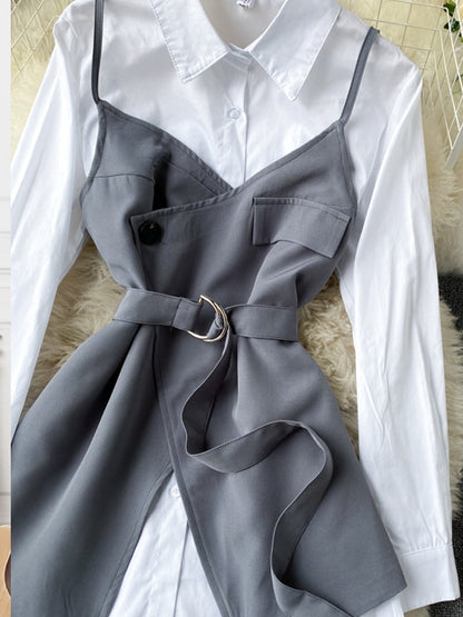 Kvinnors Tvådelad Outfit med Bälte – Vit Blus i Polyester med Klassisk Krage och Långa Ärmar 5