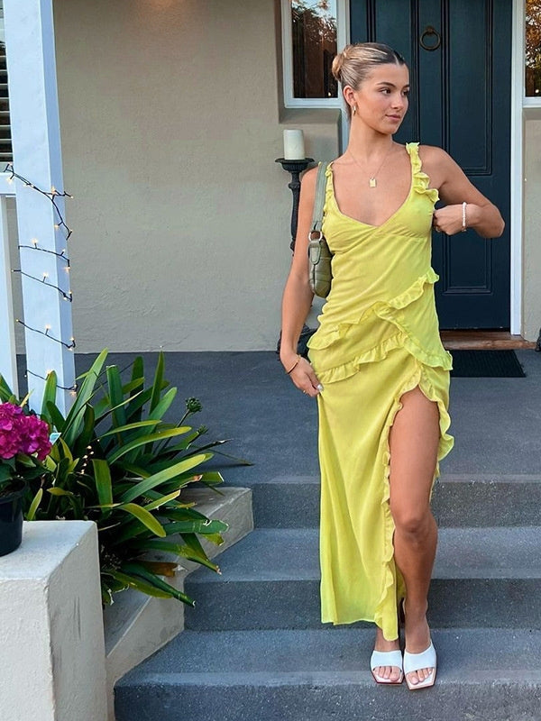 Kvinnors Midi Klänning V-ringning Spaghetti-bärare Polyester Spandex-3