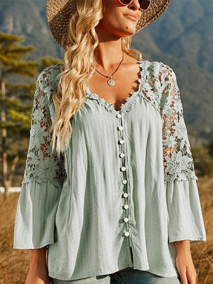 Elegant Dam Blus med Vintage Spetsdesign och Flödande Ärmar – Bomull och Polyester, Mångsidig för Vardag och Fest 8