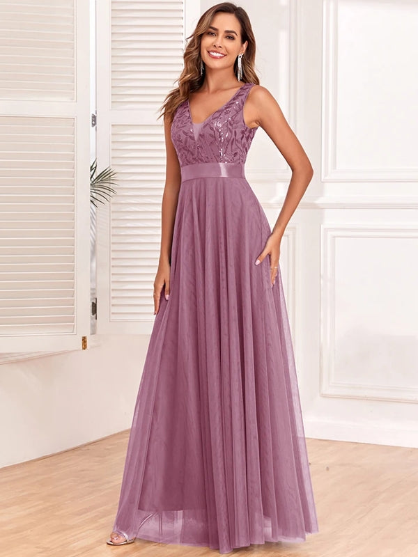 Dam Aftonklänning V-ringning A-linje Polyester med Broderi-2