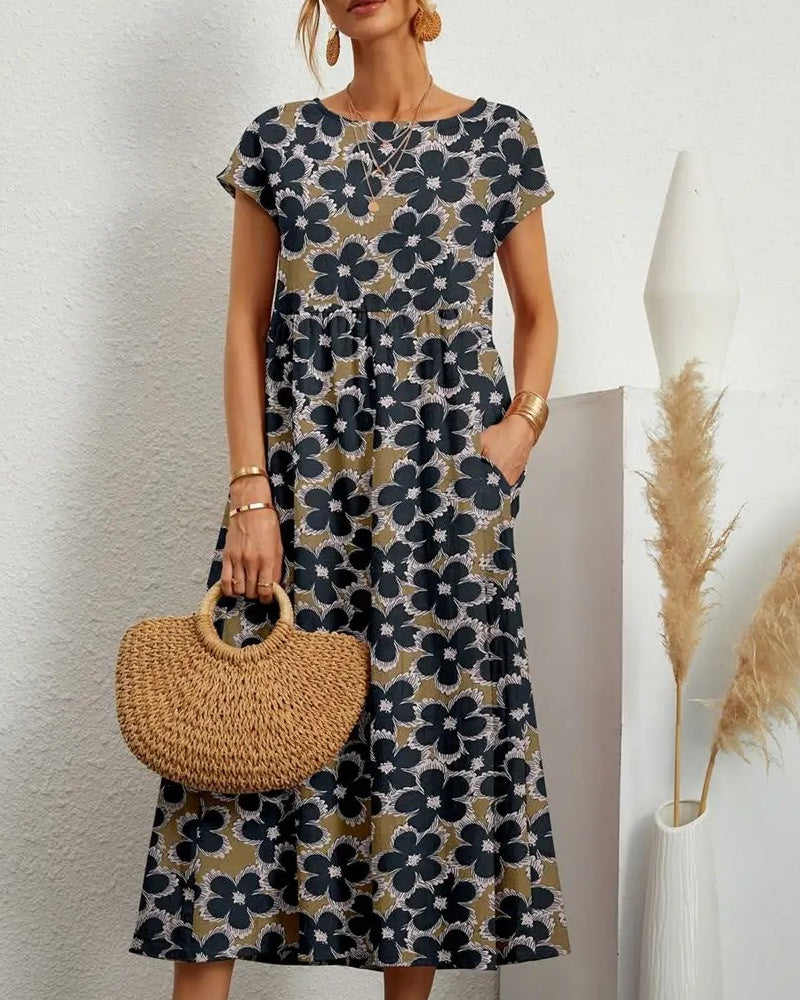 Variant image for Dam Midiklänning Blommönster Ståkrage Polyester-Bomull-11