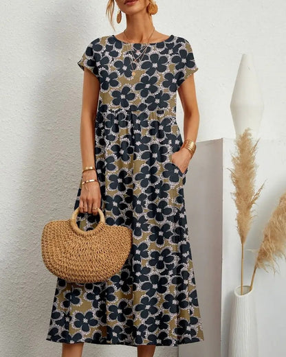 Variant image for Dam Midiklänning Blommönster Ståkrage Polyester-Bomull-11