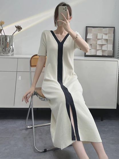 Dam Maxiklänning Kortärmad Vintage Syntetfiber A-linjeformad V-hals Slim Fit-1