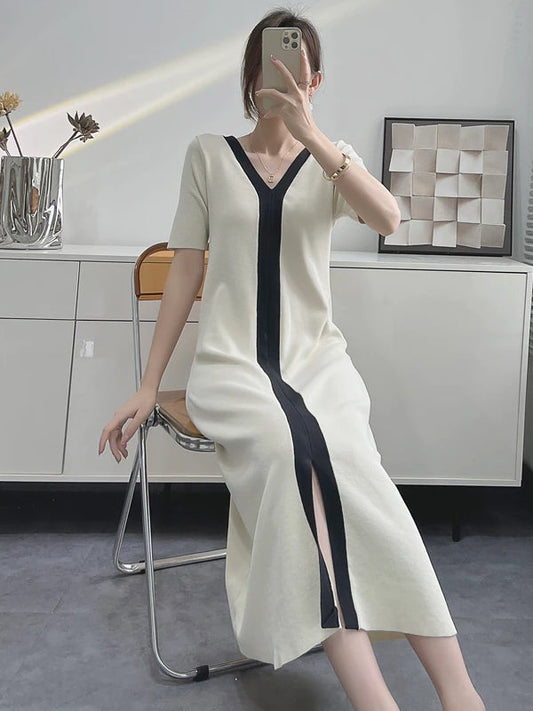 Dam Maxiklänning Kortärmad Vintage Syntetfiber A-linjeformad V-hals Slim Fit-1
