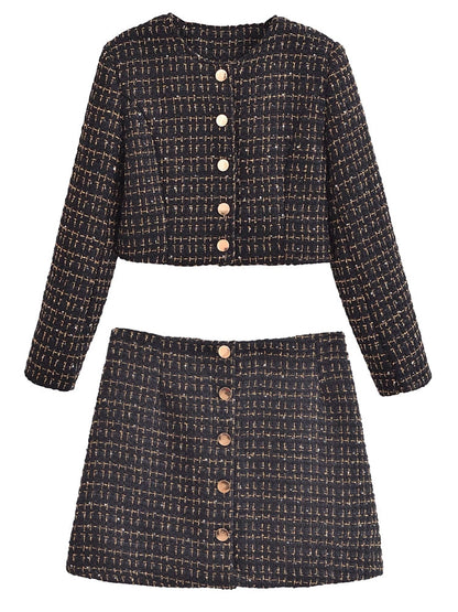 Dam Blazer Set Tweed Polyester med Gyllene Detaljer och Högskuren Minikjol 2