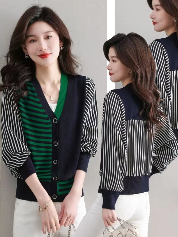 Dam V-neck Blus Oregelbundet Mönster Stretch Acetat-2