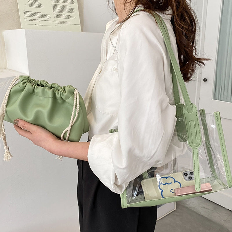 Dam Handväska Stor Transparent PU Läder med Flera Fickor-2