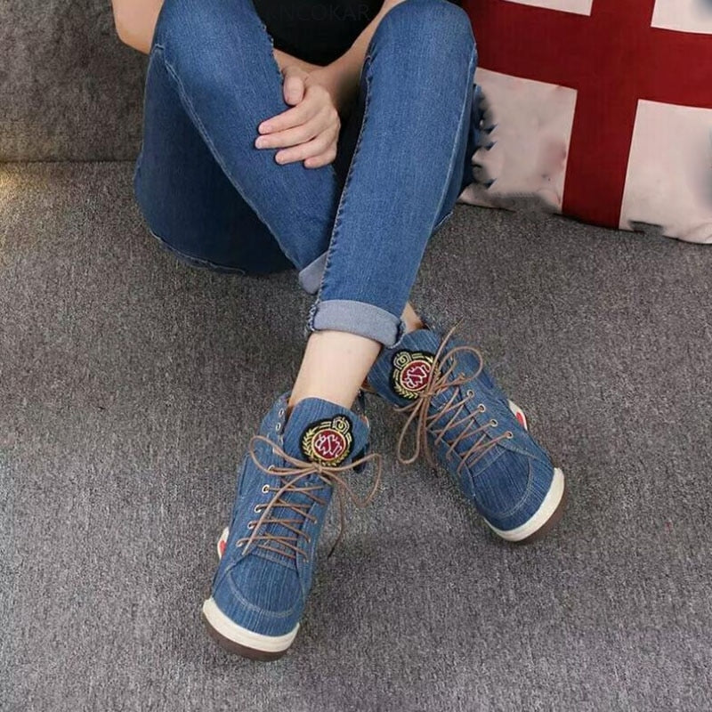 Kvinnliga Sneakers Hög Plattform Denim Komfortabel Design-5