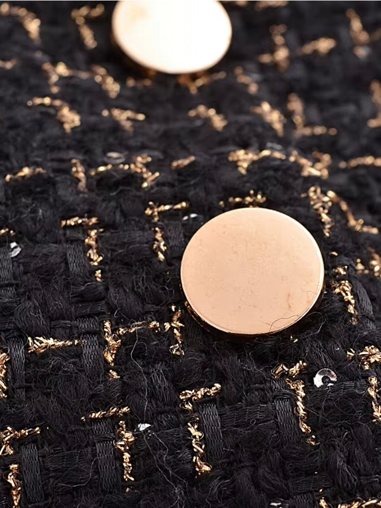 Dam Blazer Set Tweed Polyester med Gyllene Detaljer och Högskuren Minikjol 4
