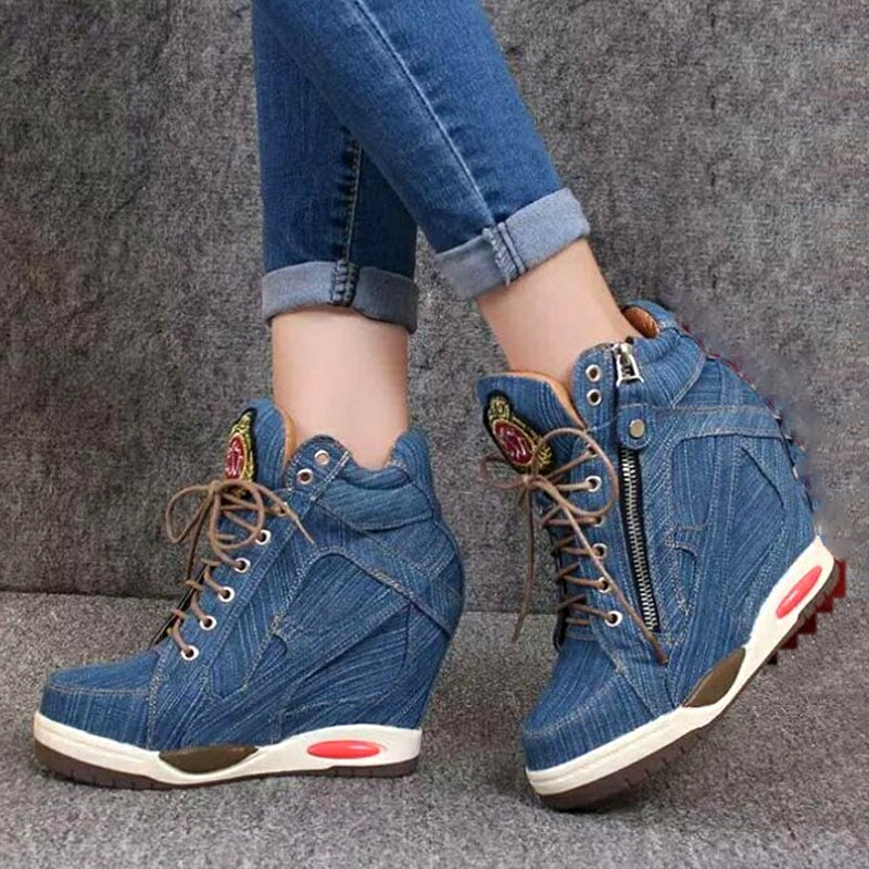 Kvinnliga Sneakers Hög Plattform Denim Komfortabel Design-2