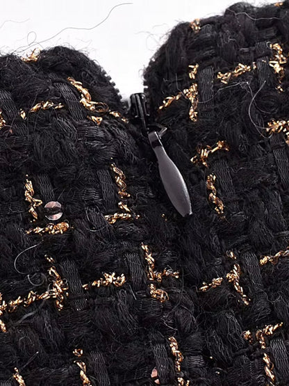 Dam Blazer Set Tweed Polyester med Gyllene Detaljer och Högskuren Minikjol 5