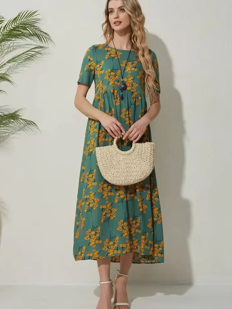 Dam Blommig Klänning Rundhalsad Polyester Korta Ärmar-4