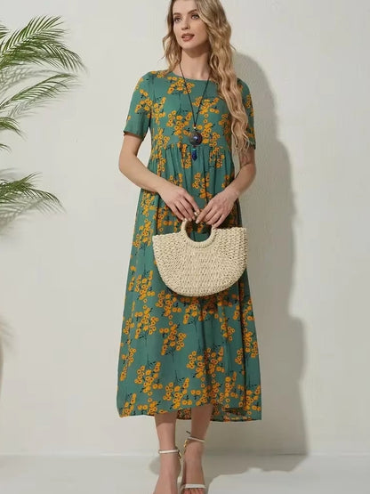 Dam Blommig Klänning Rundhalsad Polyester Korta Ärmar-4