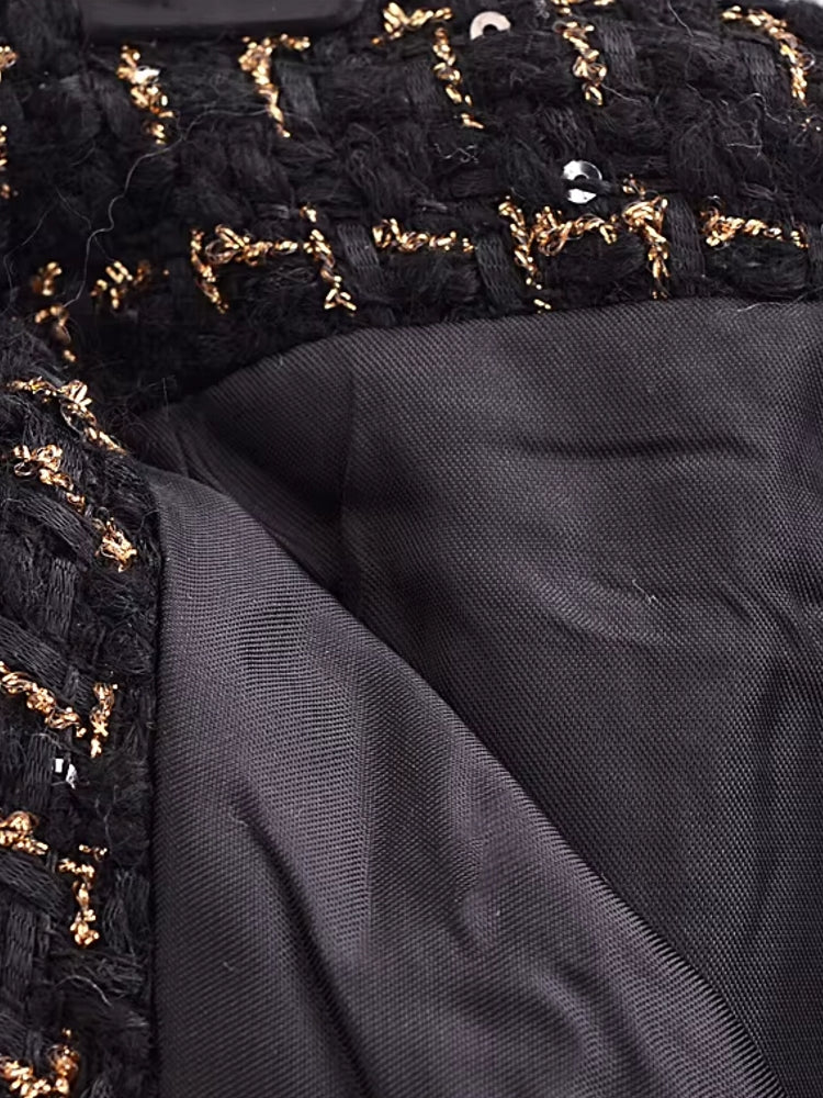 Dam Blazer Set Tweed Polyester med Gyllene Detaljer och Högskuren Minikjol 6