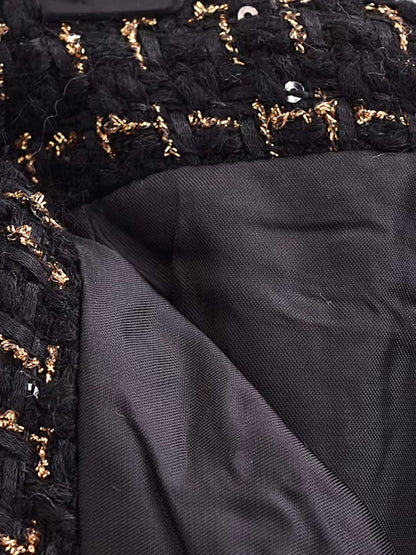 Dam Blazer Set Tweed Polyester med Gyllene Detaljer och Högskuren Minikjol 6