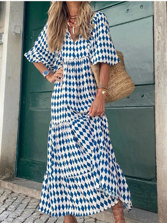 Damklänning V-ringad Bohemisk Stil Polyester med Puffärmar-1