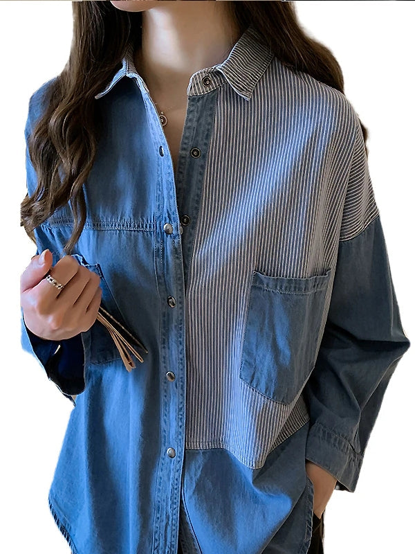 Långärmad T-Shirt Dam i Denim med Oregelbundet Randmönster – Trendig och Bekväm Design, Storlek M-XXXXL 4