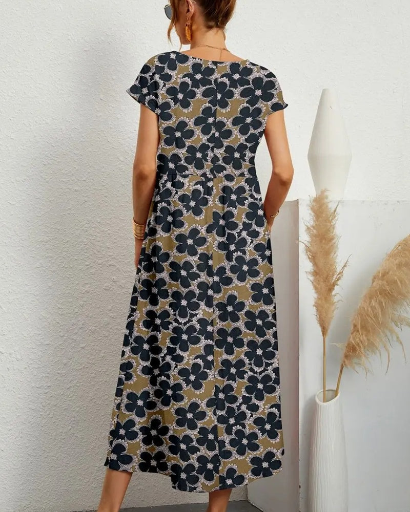 Dam Midiklänning Blommönster Ståkrage Polyester-Bomull-2