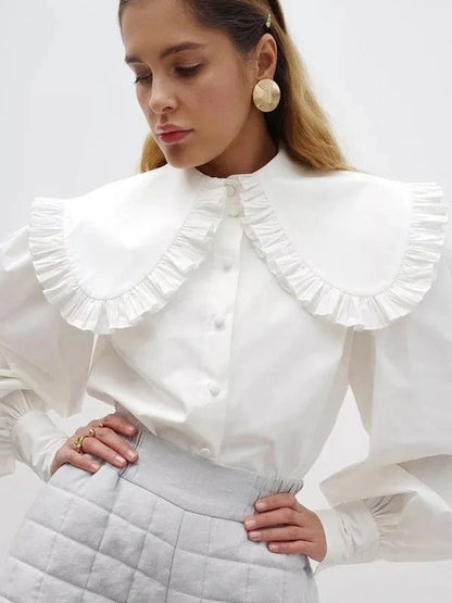 Kvinnors Skjorta med Peter Pan Krage och Puffärmar – 100% Bomull, Avslappnad Passform, Finns i S, M, L 2