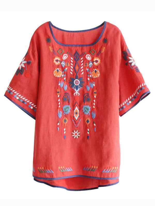 Dam T-shirt Oversized Blommig Broderi Bomull och Linne-2