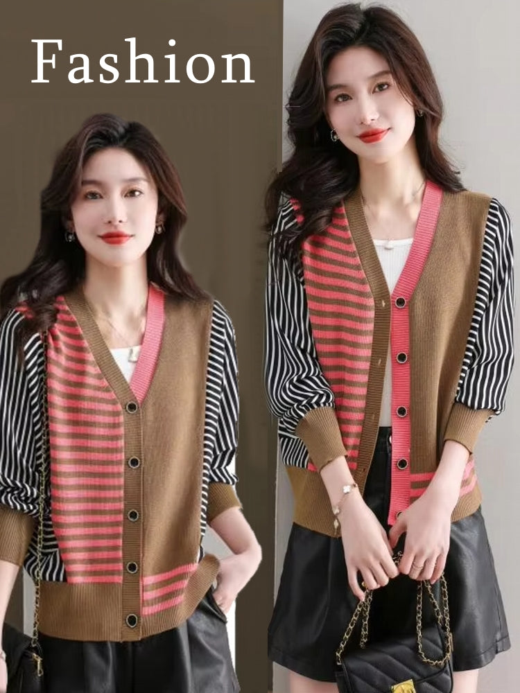 Dam V-neck Blus Oregelbundet Mönster Stretch Acetat-3