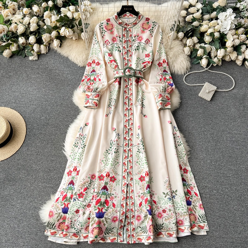 Maxiklänning Dam Bohemisk Blommönster Långärmad Polyester-3