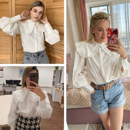 Kvinnors Skjorta med Peter Pan Krage och Puffärmar – 100% Bomull, Avslappnad Passform, Finns i S, M, L 5