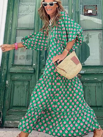 Damklänning V-ringad Bohemisk Stil Polyester med Puffärmar-5
