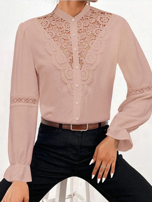 Dam Blus Långa Ärmar Blommönster Polyester V-Hals-1