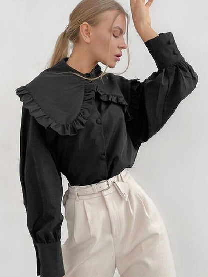 Kvinnors Skjorta med Peter Pan Krage och Puffärmar – 100% Bomull, Avslappnad Passform, Finns i S, M, L 8