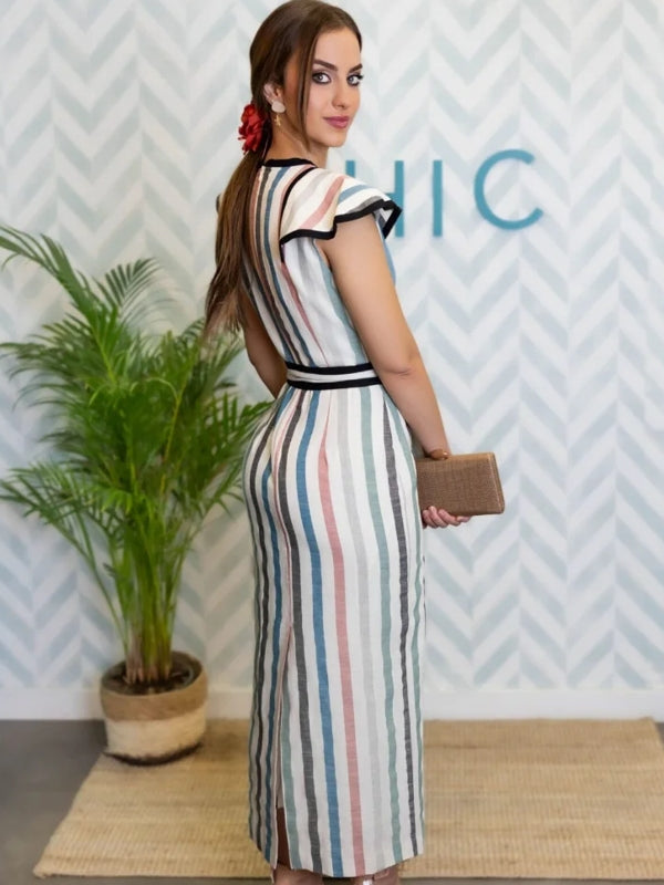 Kvinnors Midi Klänning Randig Ärmlös Polyester-4