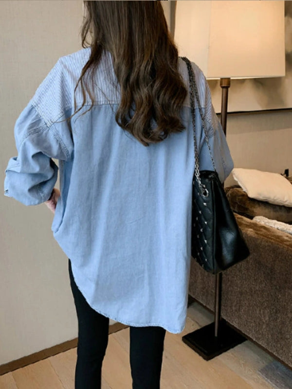 Långärmad T-Shirt Dam i Denim med Oregelbundet Randmönster – Trendig och Bekväm Design, Storlek M-XXXXL 2