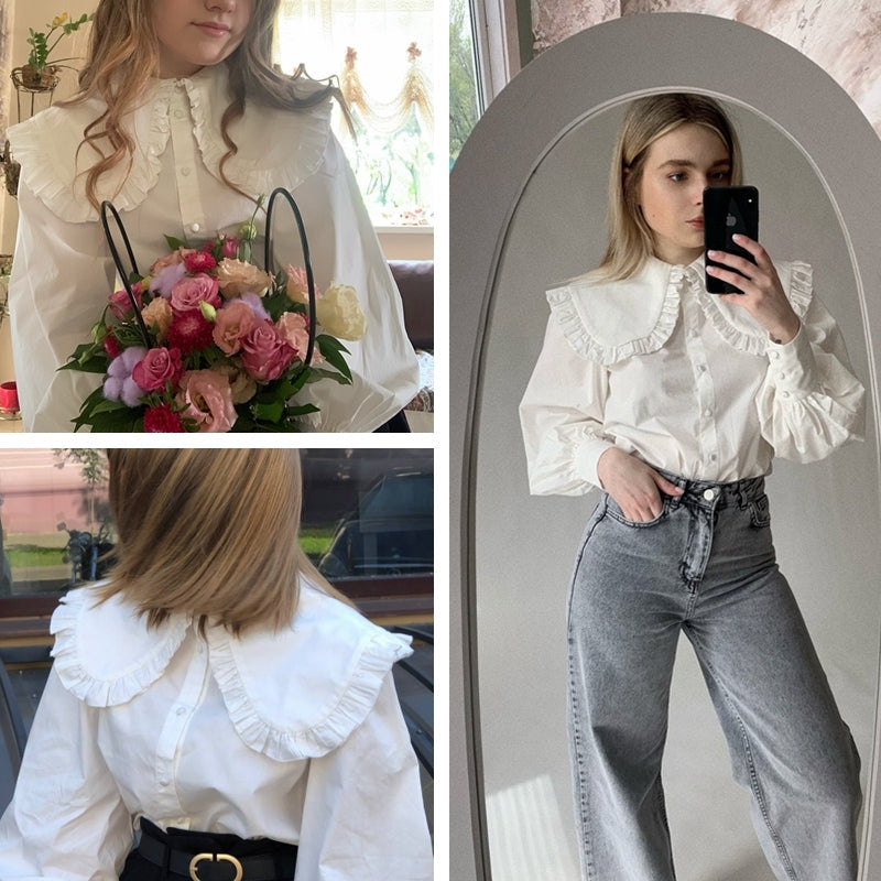 Kvinnors Skjorta med Peter Pan Krage och Puffärmar – 100% Bomull, Avslappnad Passform, Finns i S, M, L 6