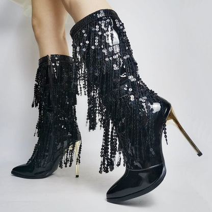Variant image for Kvinnors Stövlar Medelhög Spetsig Mikromönster Med Fransar och Paljetter-14